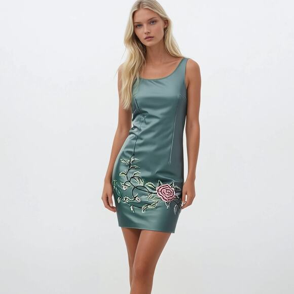 90s MAGGY LONDON Vintage Gray Sleeveless Embroidered Sheath Dress - Picture 1 of 11